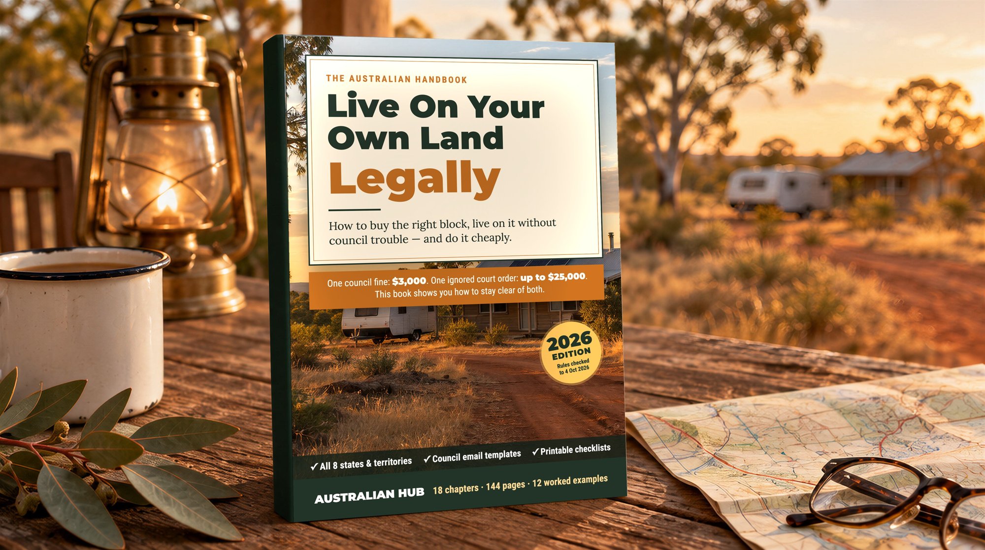 The book Live On Your Own Land — Legally on a timber table on an outback verandah at sunset